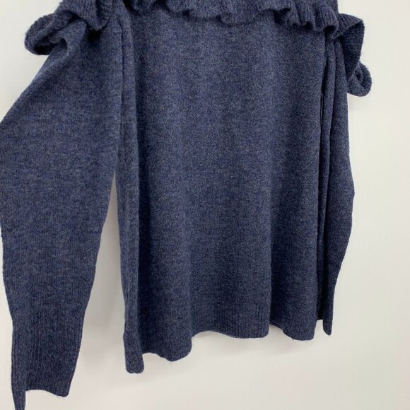 LOFT Sweater Blue Cold Shoulder Ruffle Fuzzy Stretch Long Sleeve - Picture 6 of 11